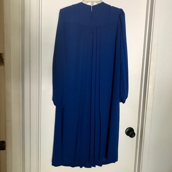 Vintage Rich Lady Pleated Royal Blue Long Sleeve Sheer Dress Neck Detail - Picture 3 of 7